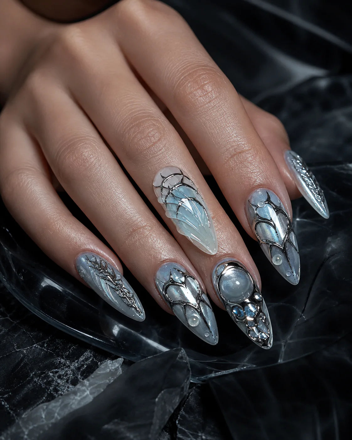 Chrome Noir press-on nail look